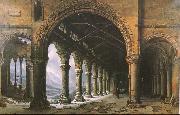 louis daguerre The Effect of Fog and Snow Seen through a Ruined Gothic Colonnade oil on canvas